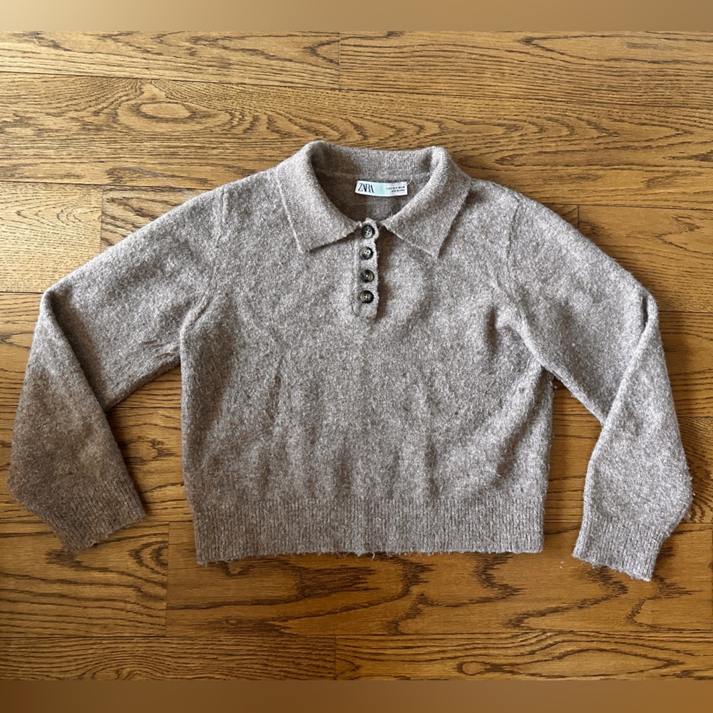 Zara Women's Knit Polo Collar 3/4 Sleeve Sweater